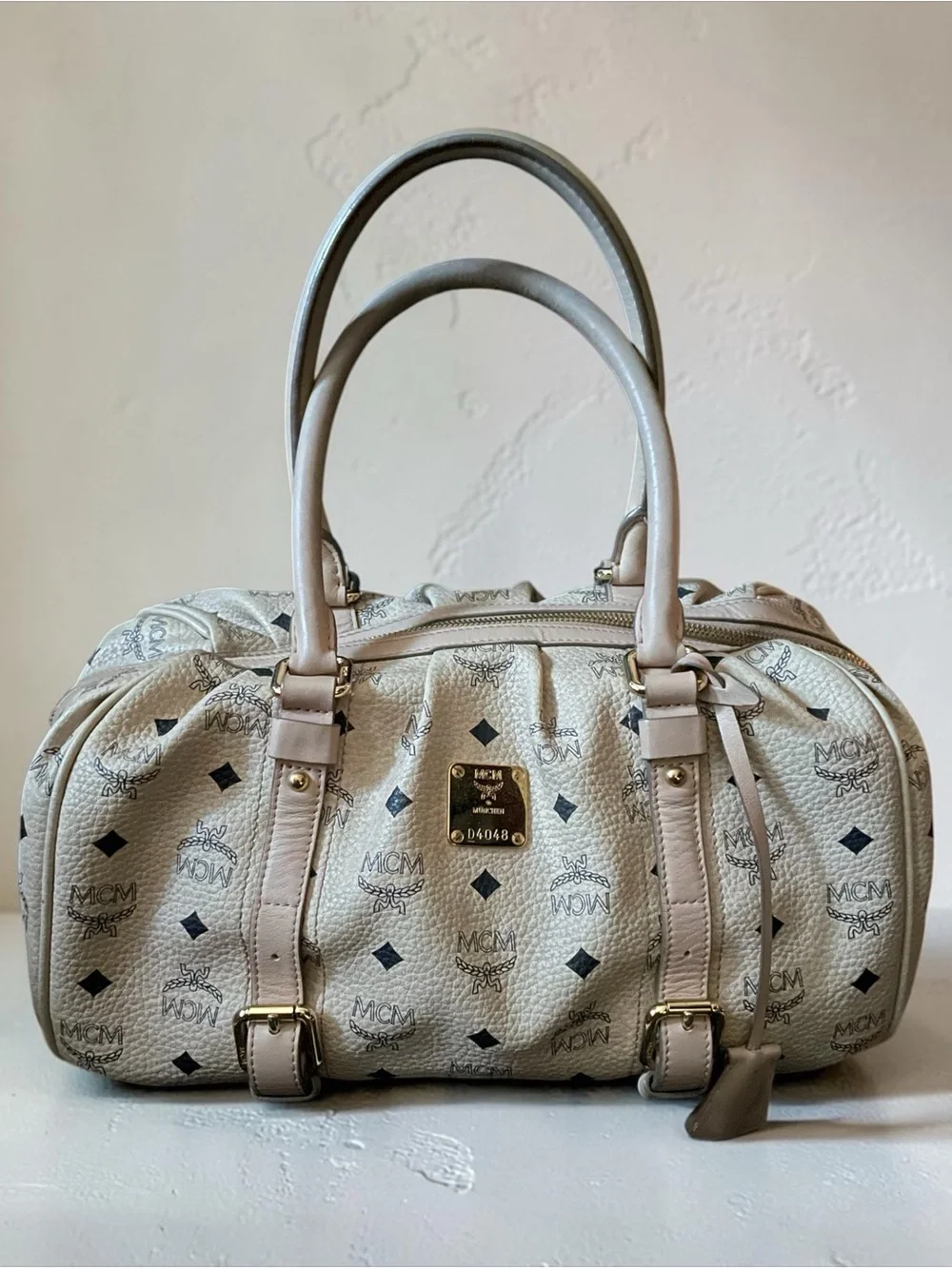 MCM Cream Logo-Print Satchel with Gold Hardware